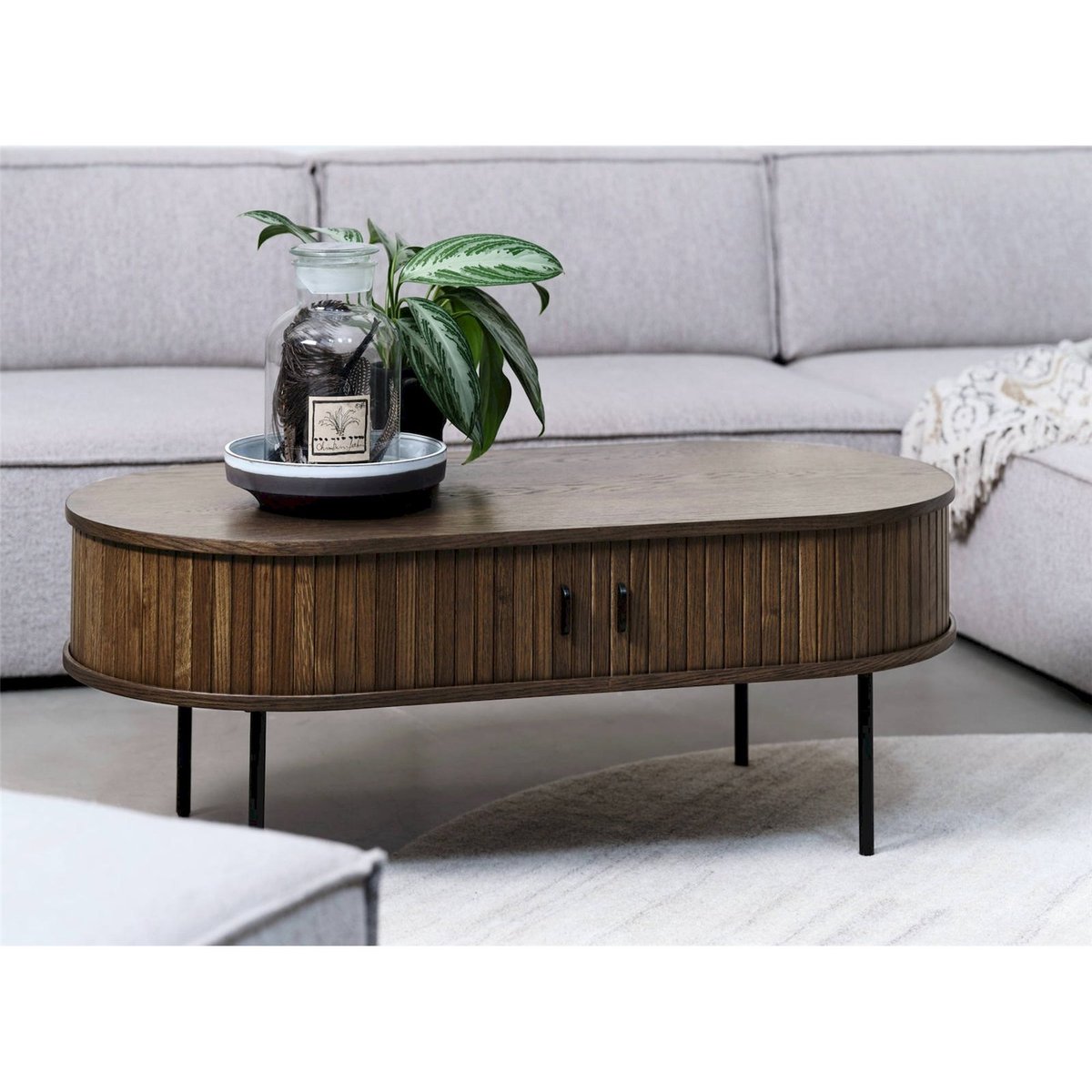 Table basse ovale cannelée bois GATIVEL chêne, RECOLLECTION