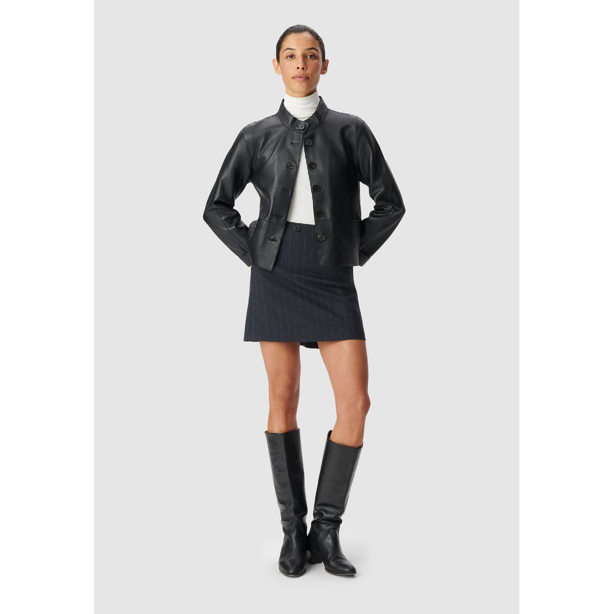 Veste cuir col montant noir, IKKS