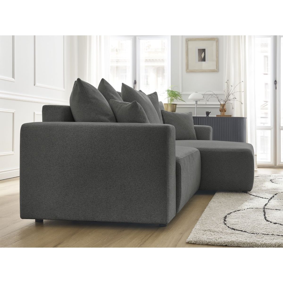 Canapé d'angle convertible 3 places en tissu chiné, ATILLA gris foncé, BOBOCHIC