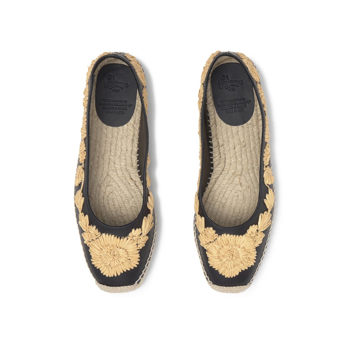 Espadrilles plates en cuir à broderie florales en raphia PARIS PLATFORM noir, CASTANER