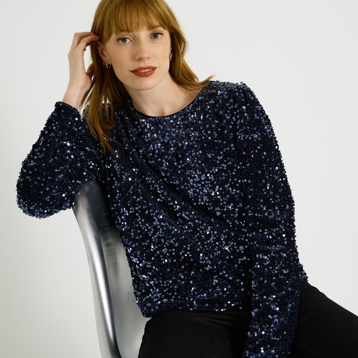 Top manches longues en sequins bleu marine, GRAIN DE MALICE