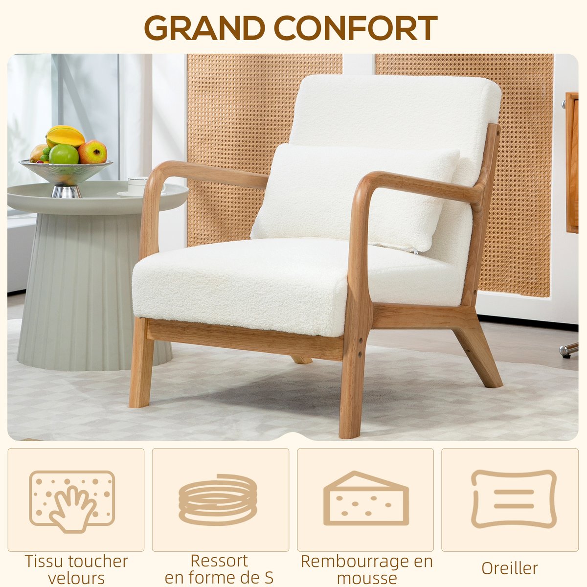 Accent Chair Velours (100 % polyester) Crème crème, bois naturel, HOMCOM