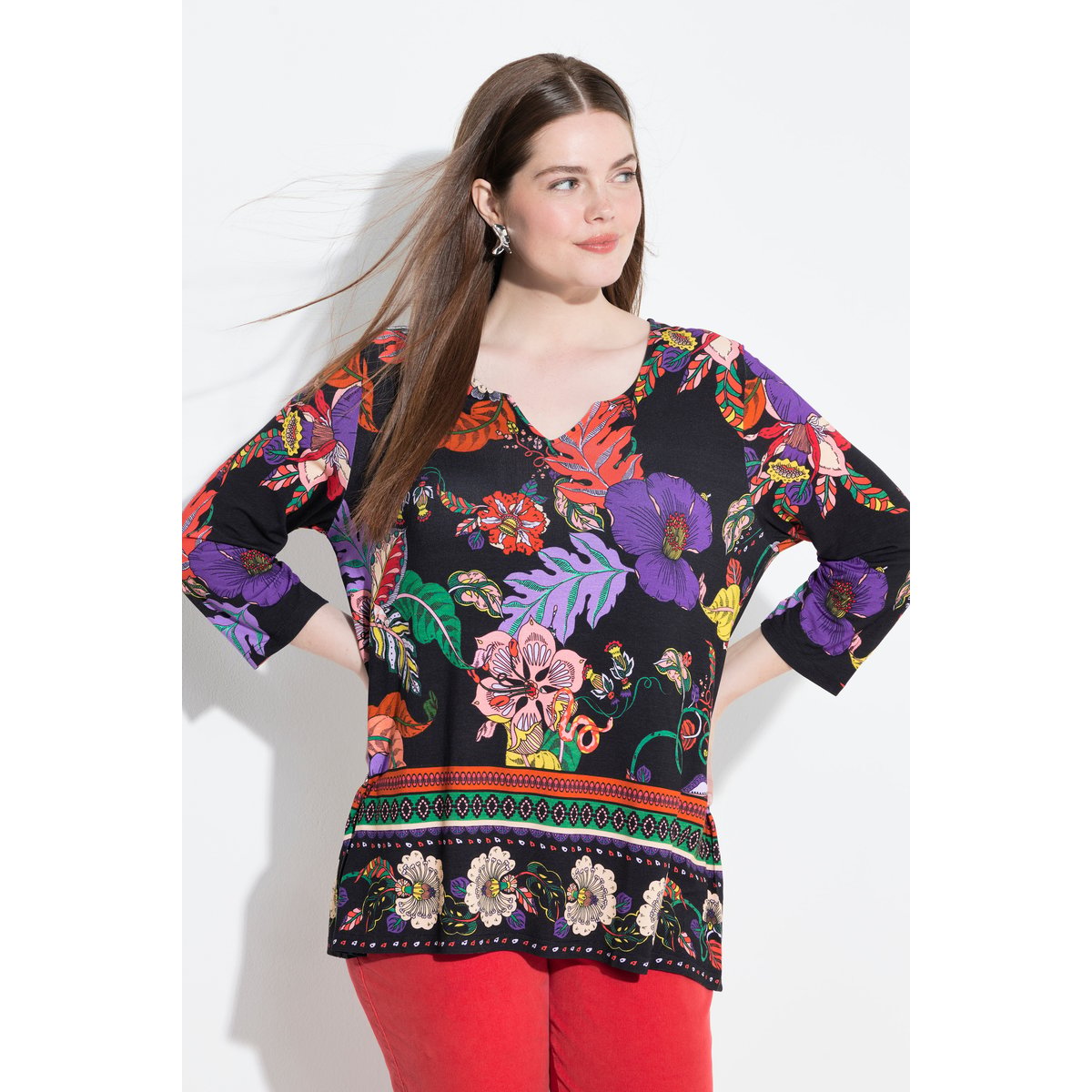 T-shirt col tunisien et manches 3/4 marron renard, ULLA POPKEN