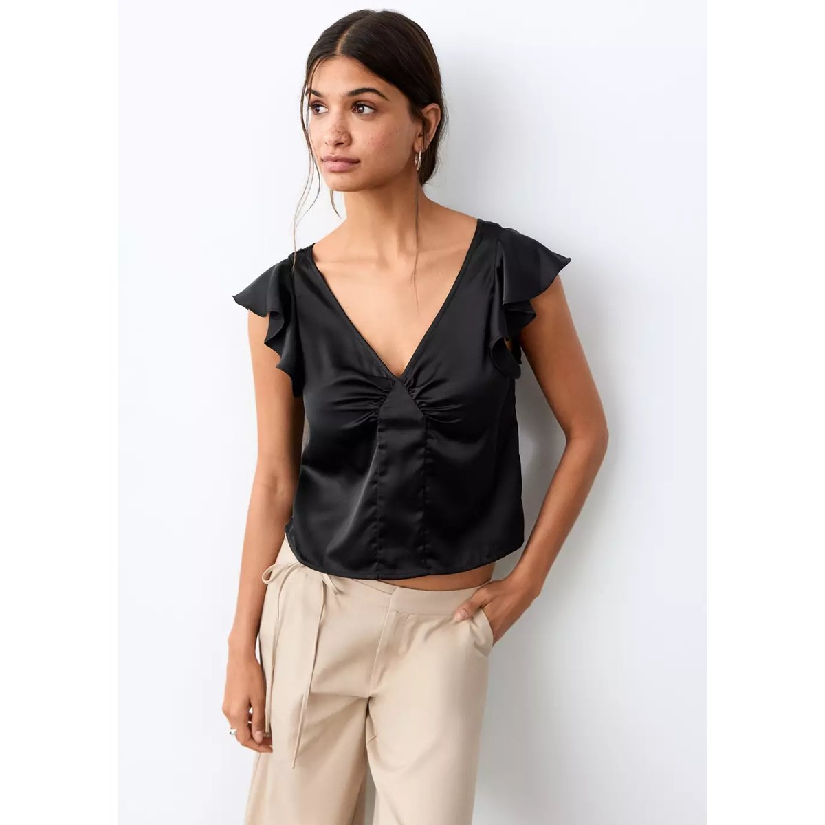 Top satiné à volants noir, MANGO TEEN