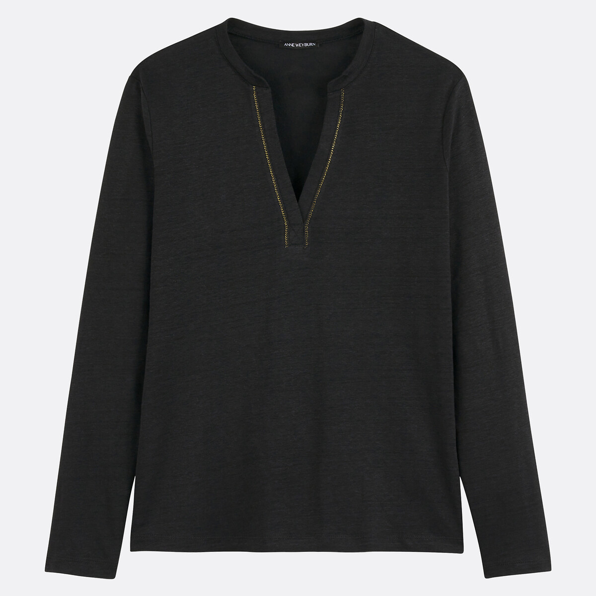 T-shirt en lin, col tunisien, manches longues noir, ANNE WEYBURN