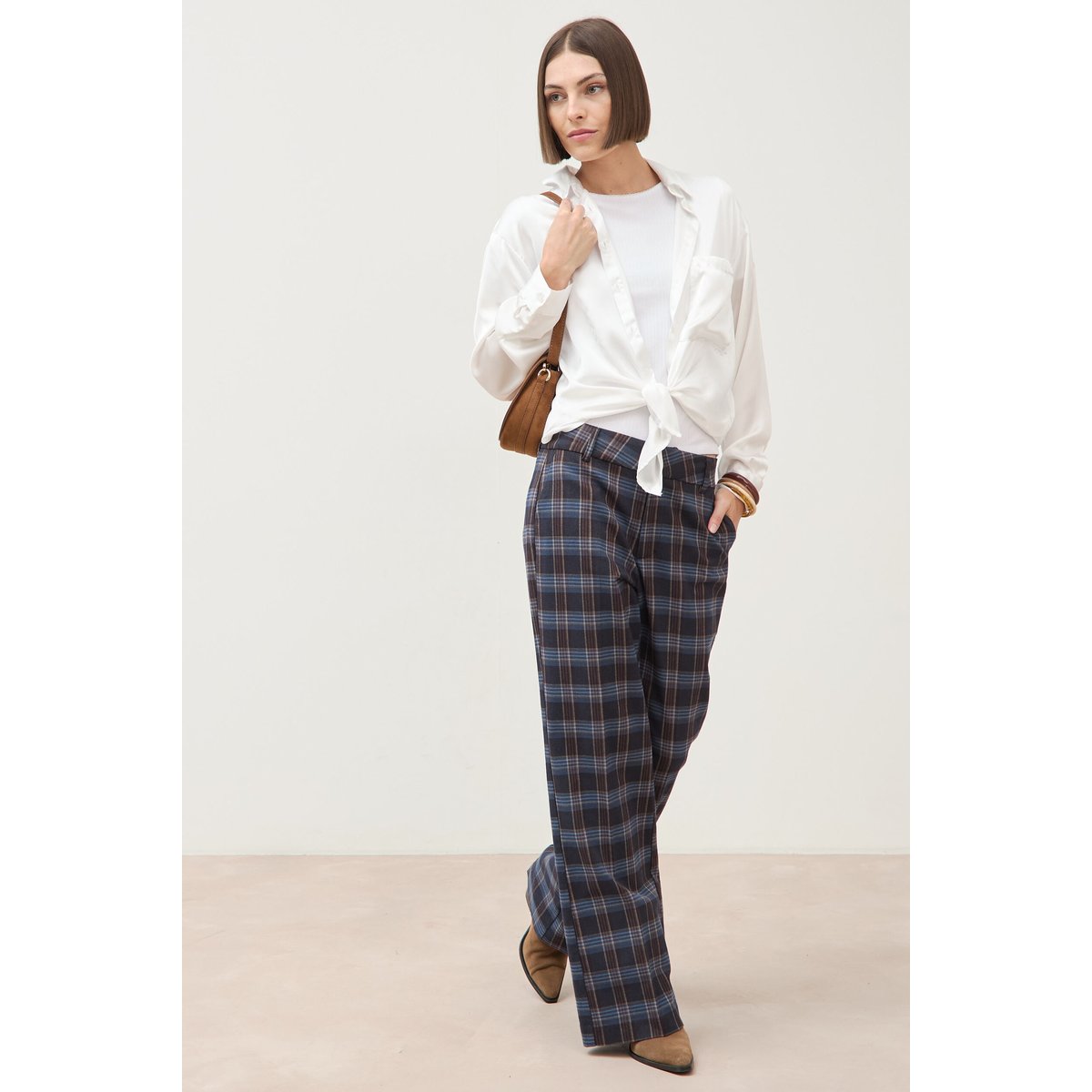 Pantalon flare à carreaux taille haute bleu gris, BONOBO