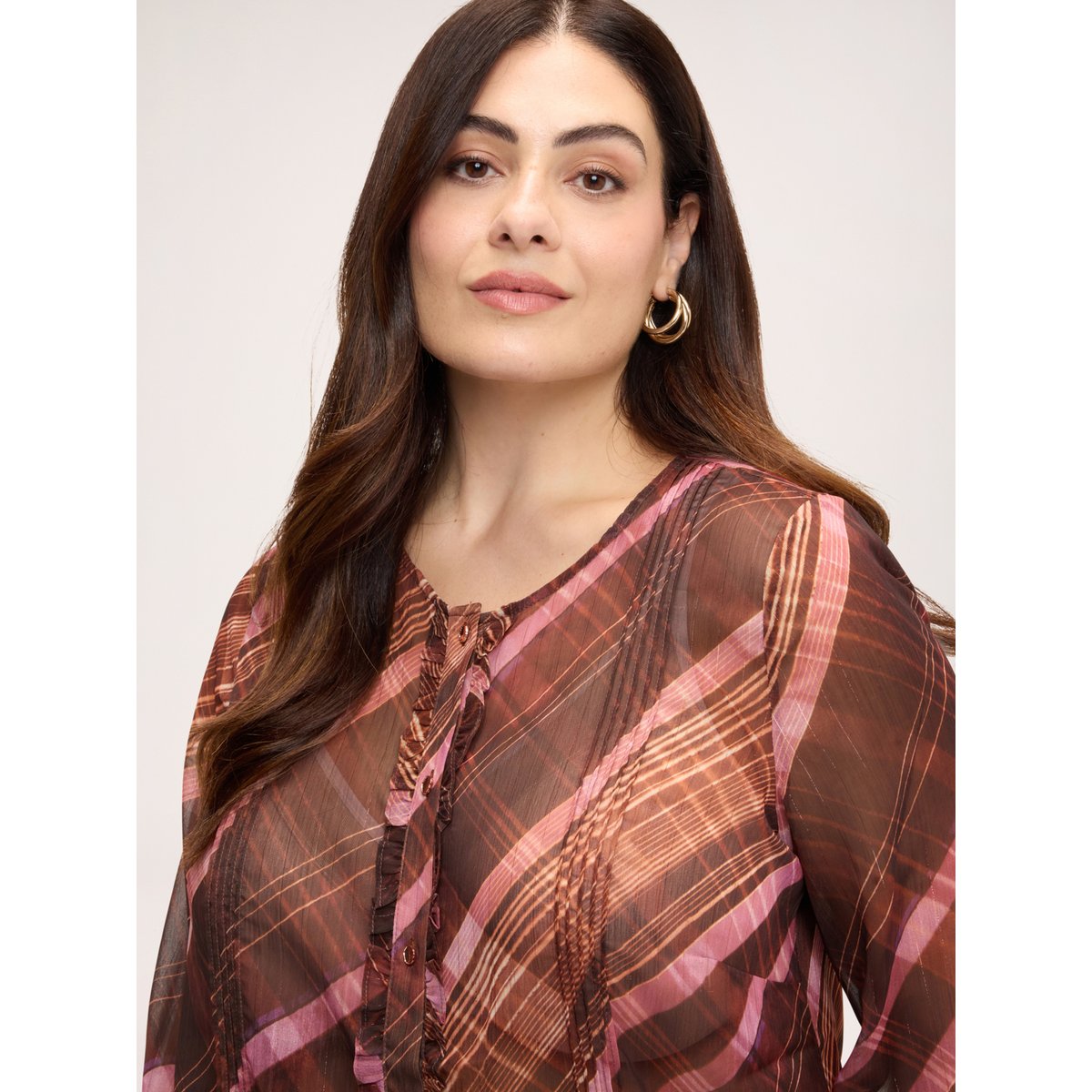 Chemise à imprimé carreaux avec volants marron, FIORELLA RUBINO