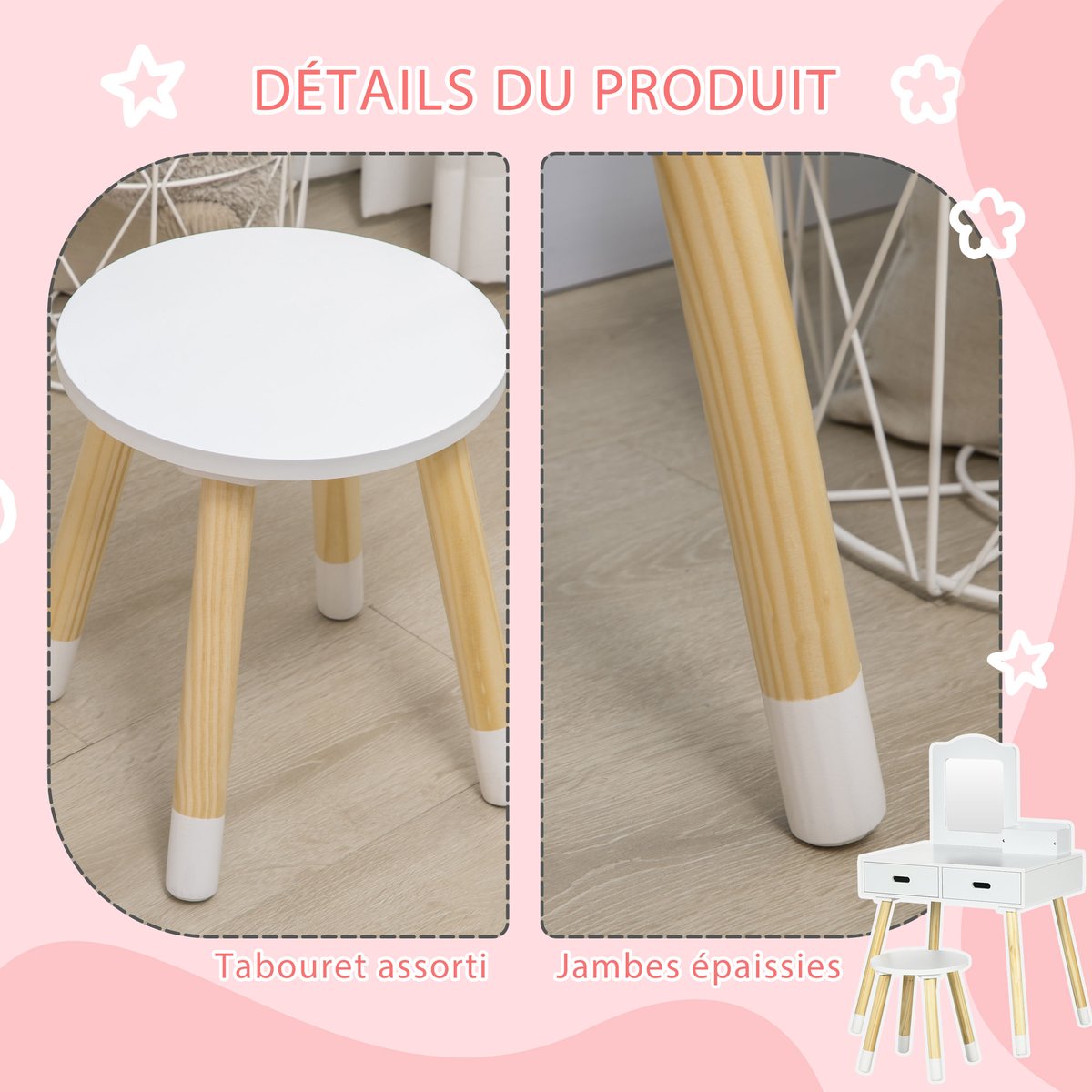 Ensemble de coiffeuse pour enfants MDF Blanc blanc et bois, ZONEKIZ