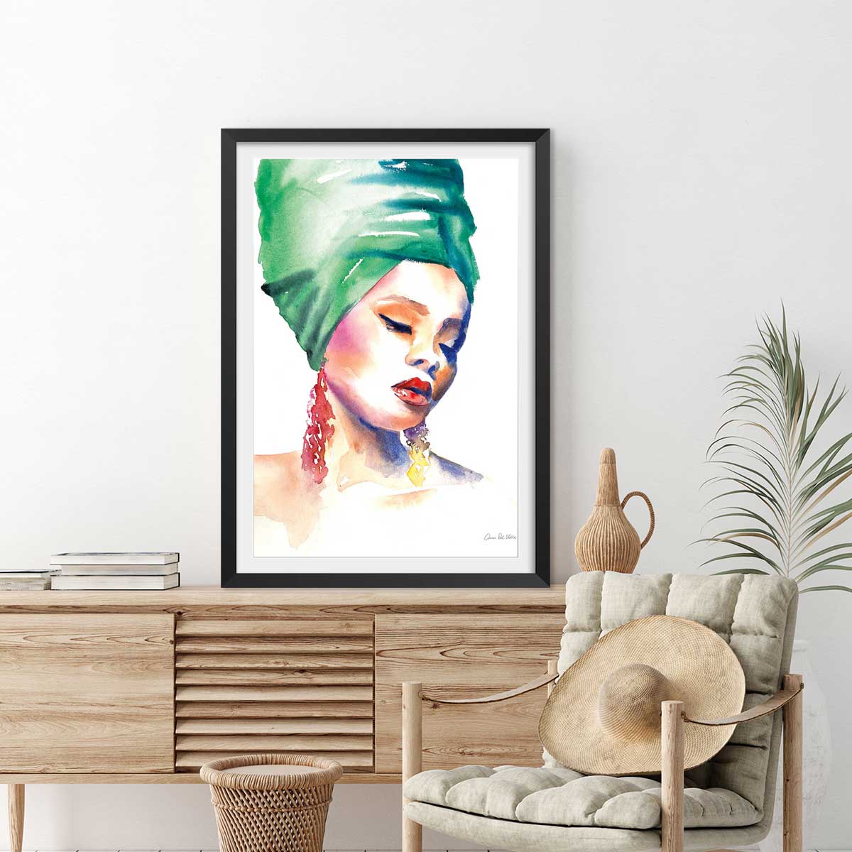 Affiche mode Portrait turban vert affiche + cadre en bois - noir, HEXOA