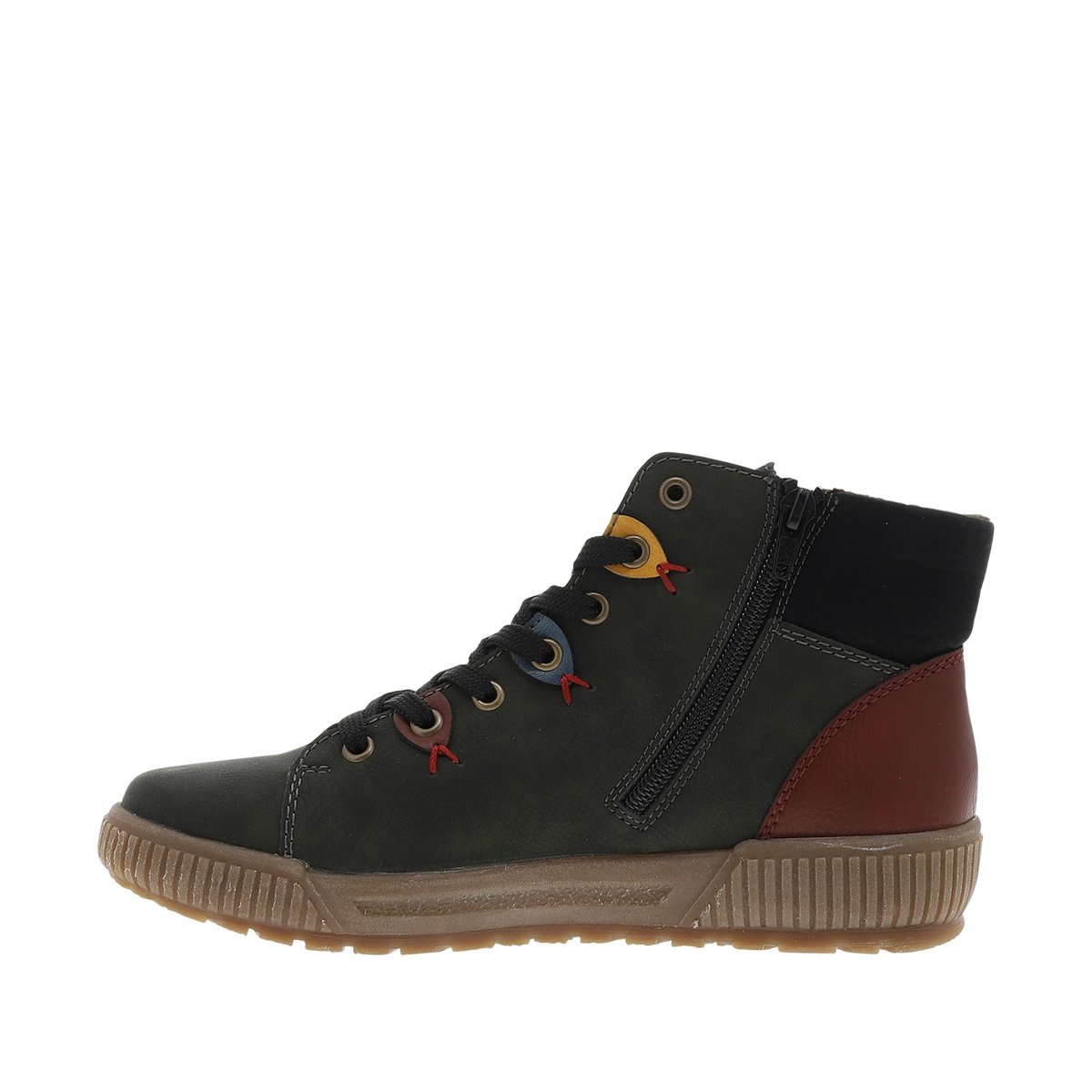 Bottines kaki à talon plat et à lacets et zip latéral avec oeillets colorés kaki, RIEKER