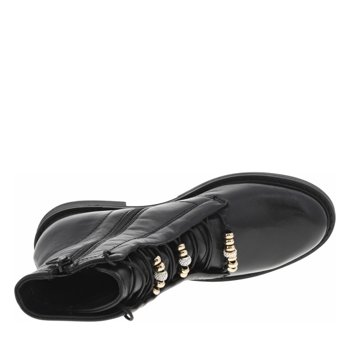 Bottines en cuir noires ornées de perles sur les lacets avec talon décroché bas noires, MJUS