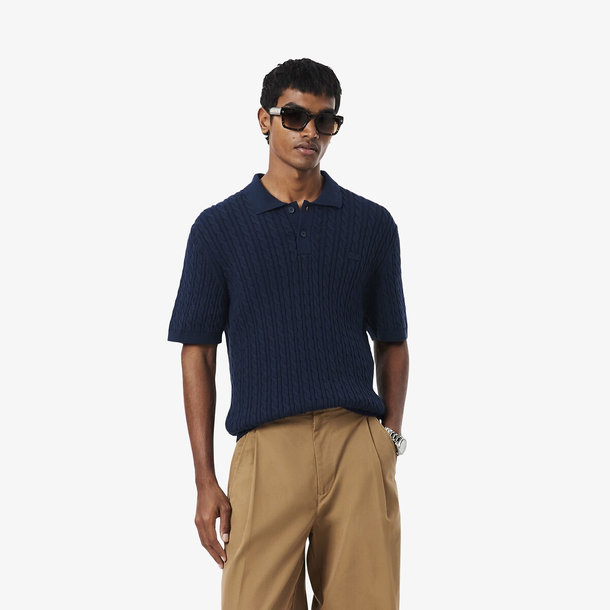 Jersey con cuello de polo, de punto trenzado, con detalles decorativos azul marino, LACOSTE