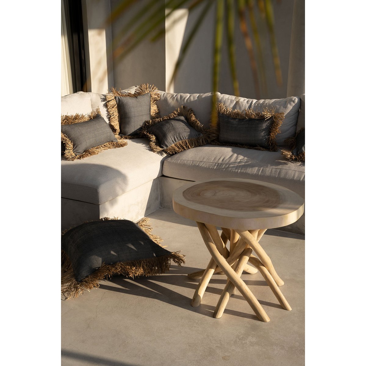 Housse de coussin en coton et raphia BONITA noir beige, BAZAR BIZAR