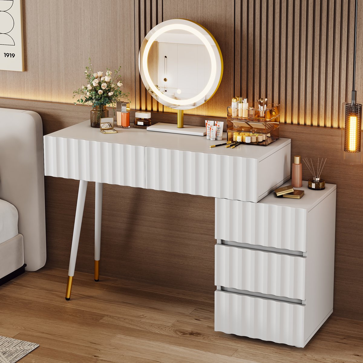Coiffeuse table de maquillage avec 5 tiroirs, ULTRAE blanc, MEUBLES COSY