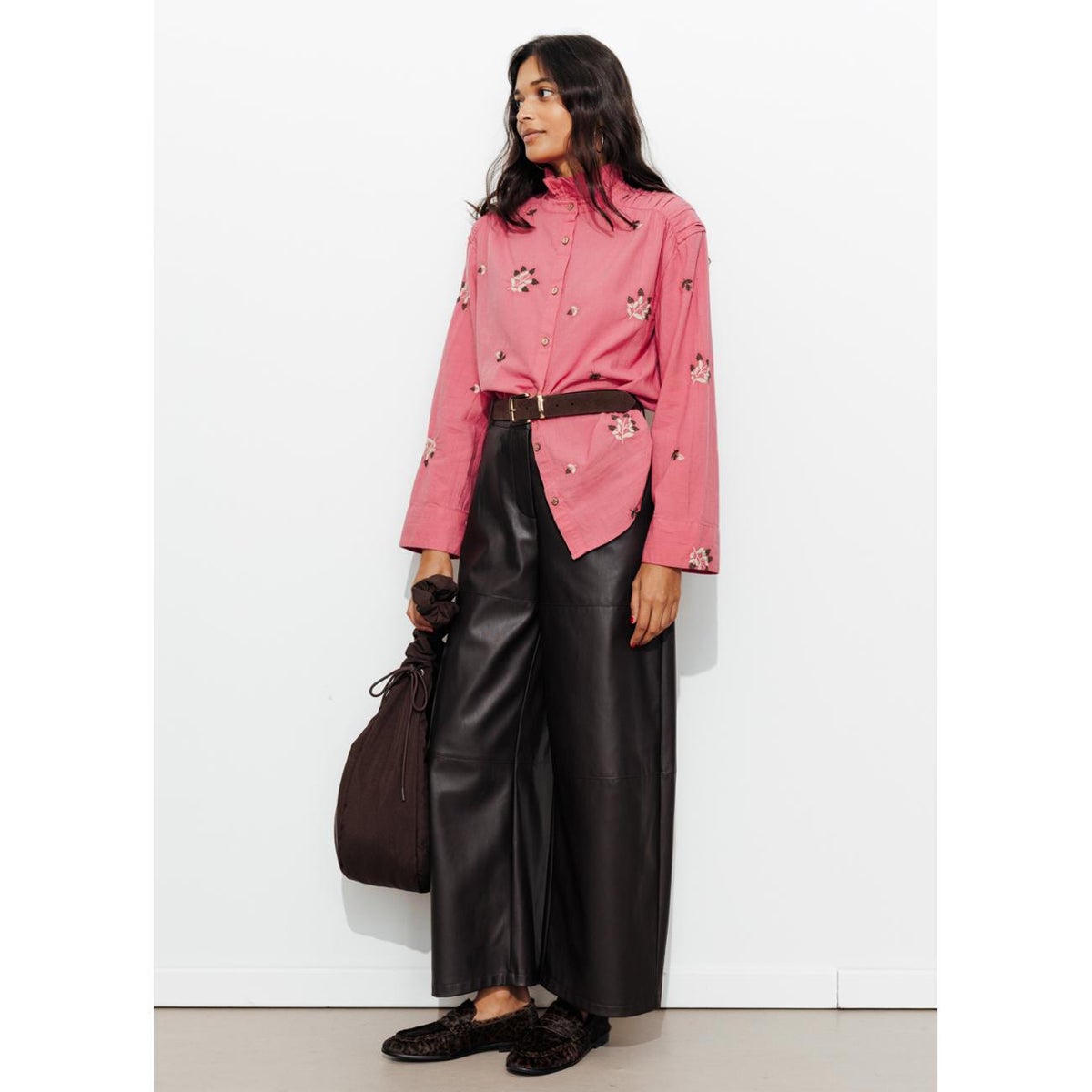 Chemise brodée col Victorien rose, PROMOD