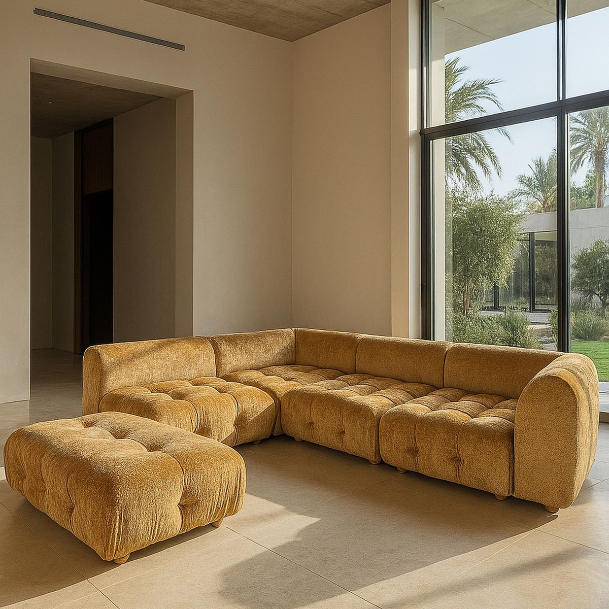Canapé d'angle en velours pané, TWIGGY ocre, NOW'S HOME