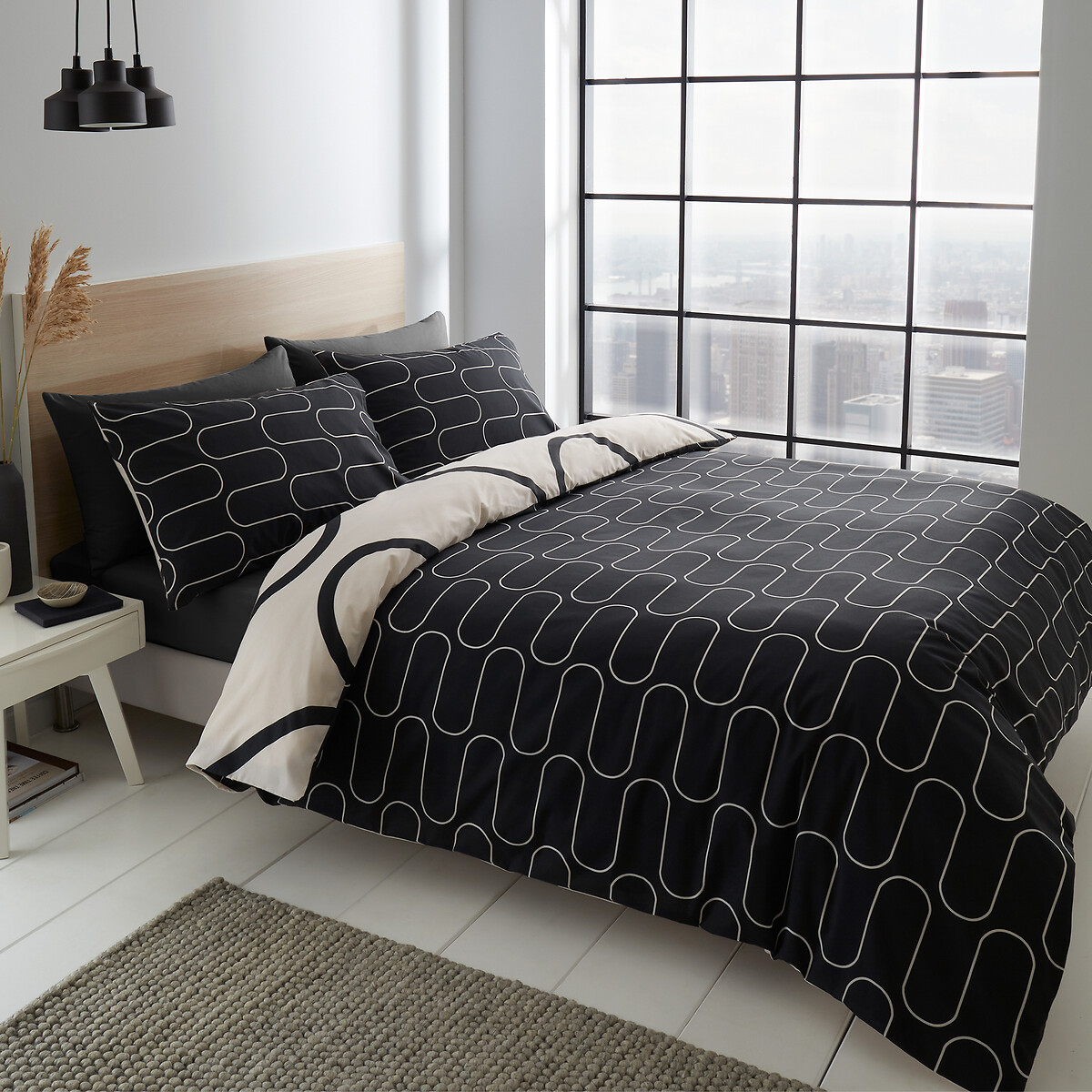 Linear Curve Geometric Cotton Mix Duvet Cover and Pillowcase Set black, CATHERINE LANSFIELD