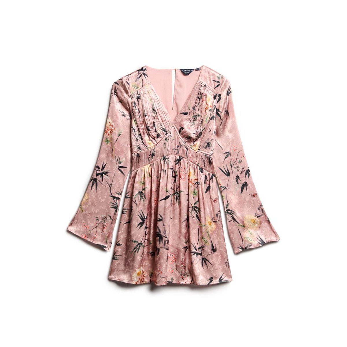 Robe courte en jacquard à manches évasées ombre japonaise à fleurs rose poudré, SUPERDRY