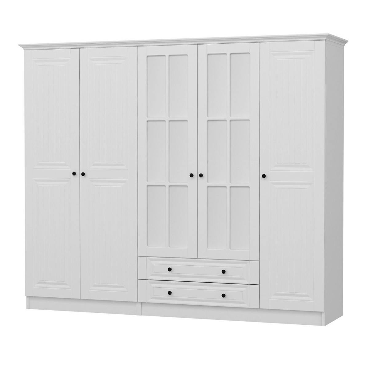 Armoire penderie blanche à moulures, 5 portes 2 miroirs BYRON blanc, PIER IMPORT