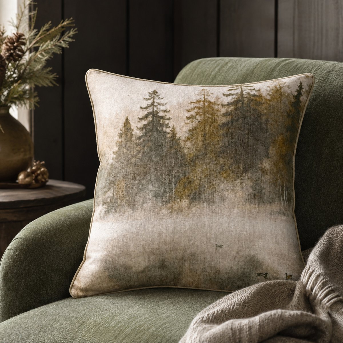 Coussin réversible imprimé aquarelle forêt - QABANE tabac, HOME MAISON