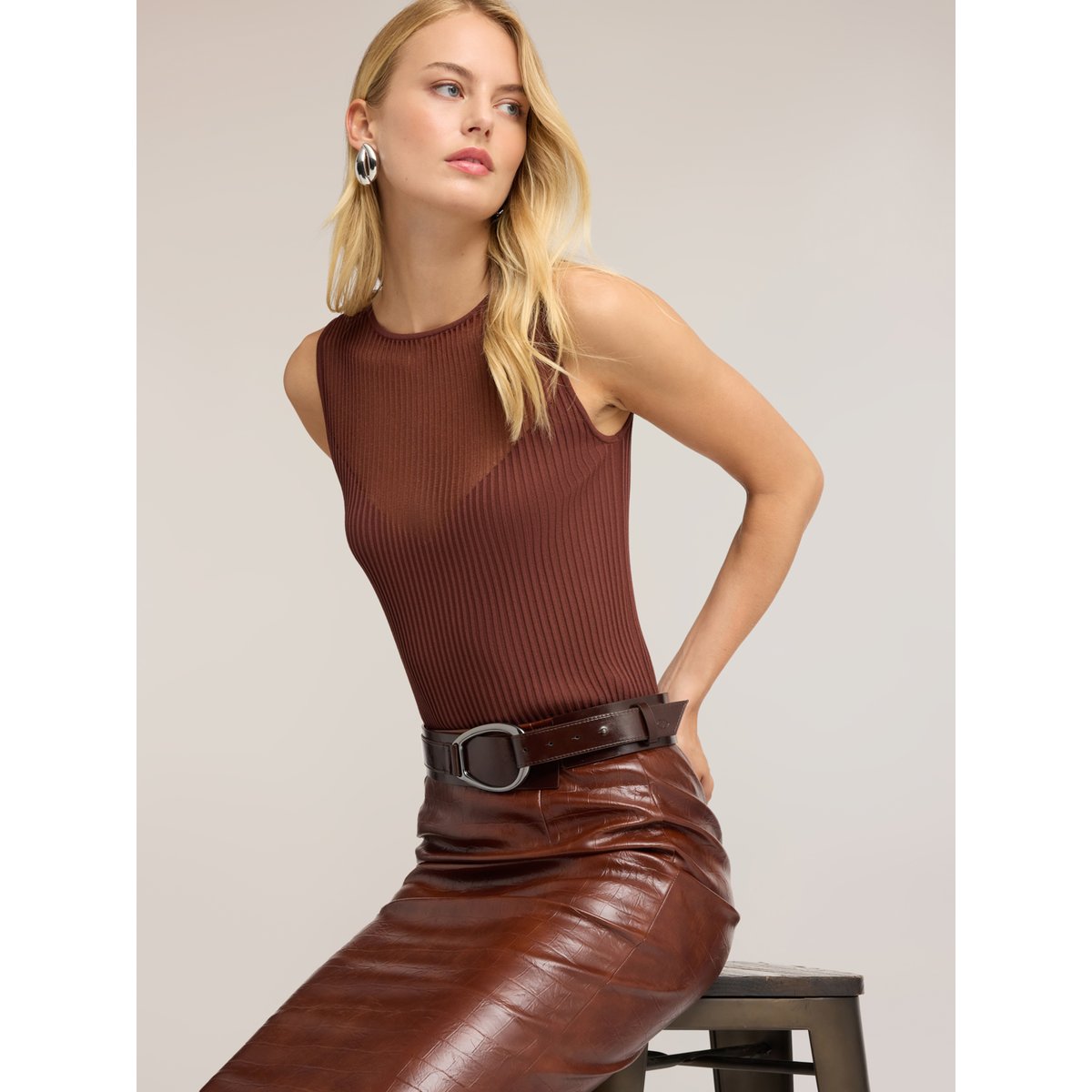 Col côtelé avec décolleté transparent marron, MOTIVI