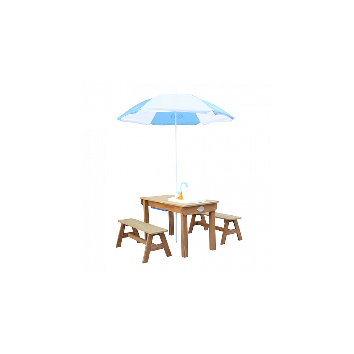 AXI Dennis Table sable et eau Picnic avec cuisine evier et banc Marron Parasol Bleu Blanc couleur unique, AXI HOUSE
