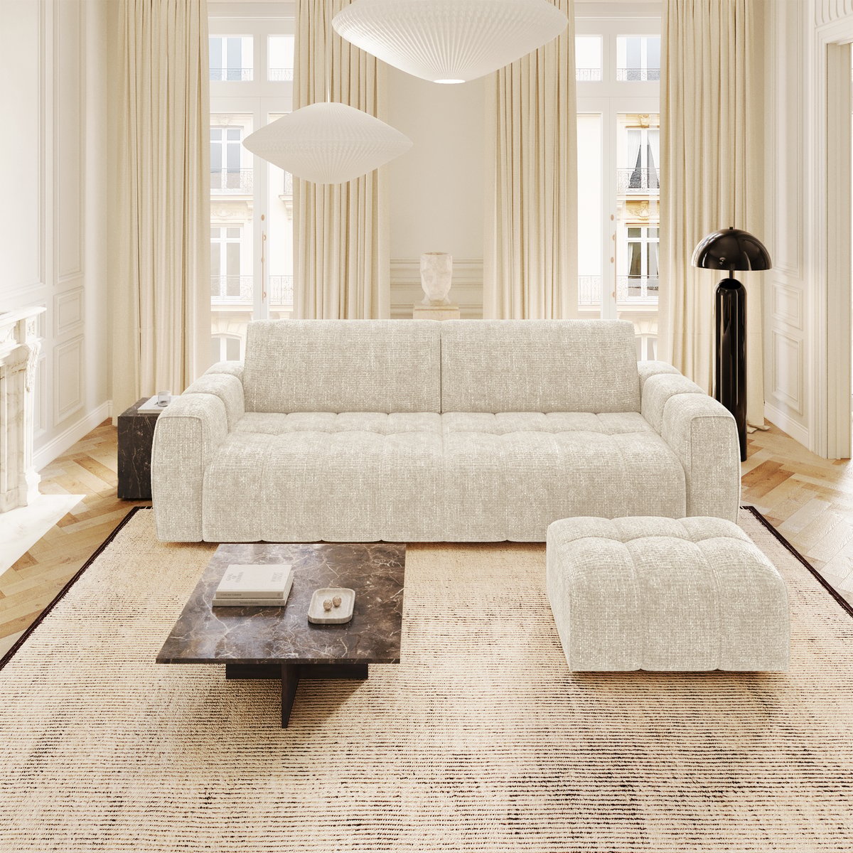 Pouf en velours chenillé BARI crème, SIA HOME