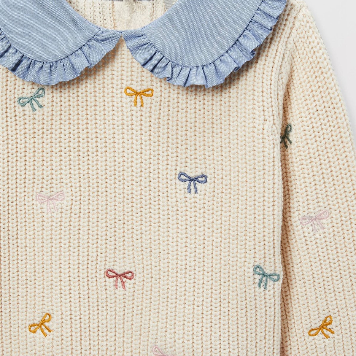 Pull brodé à col chambray en coton naturel, BOUT'CHOU