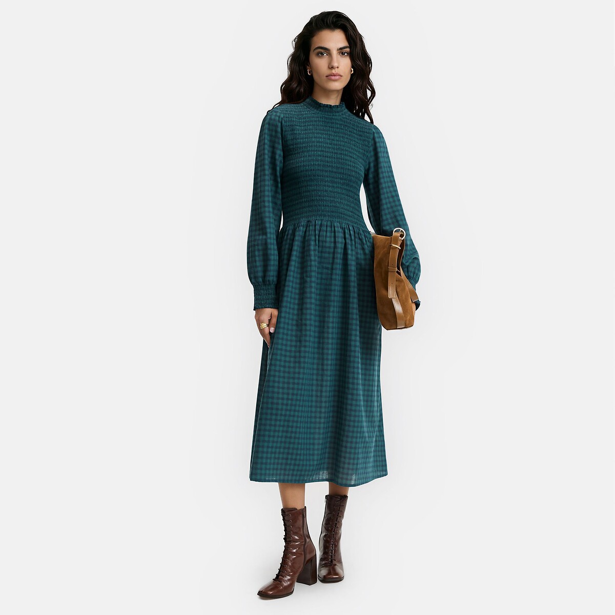 Robe midi à carreaux, manches longues, smockée carreaux bleu/vert, LA REDOUTE COLLECTIONS