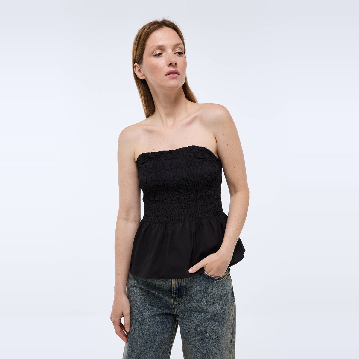 Top smocké en coton BIO GOTS noir, MONOPRIX