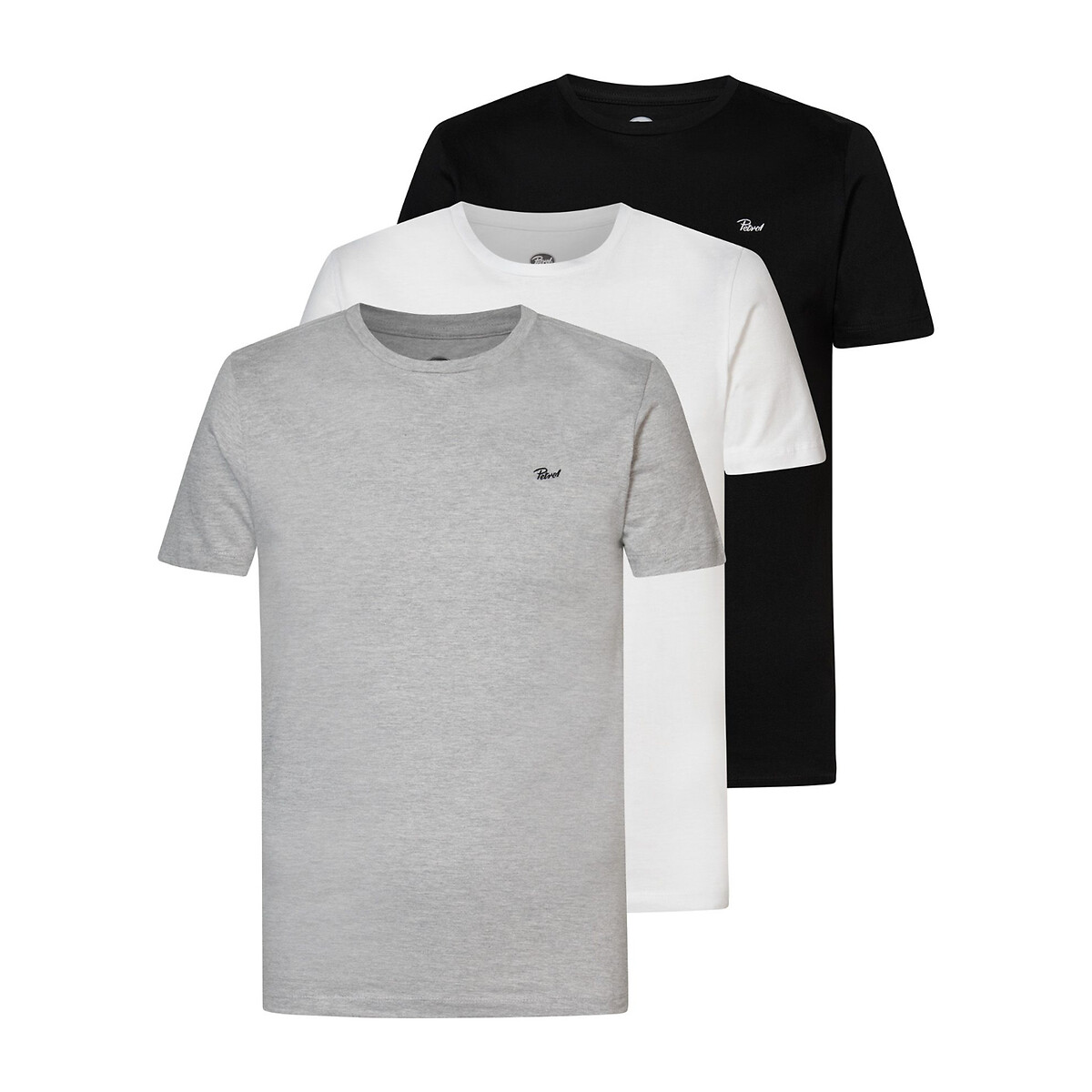 Confezione da 3 T-shirt tinta unita girocollo bianco + nero + grigio, PETROL INDUSTRIES
