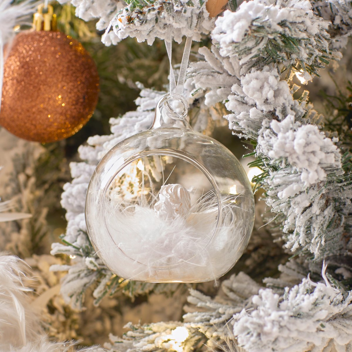 Boule intérieur ange et plume 8 cm verre ange/oiseau, FEERIC LIGHTS & CHRISTMAS