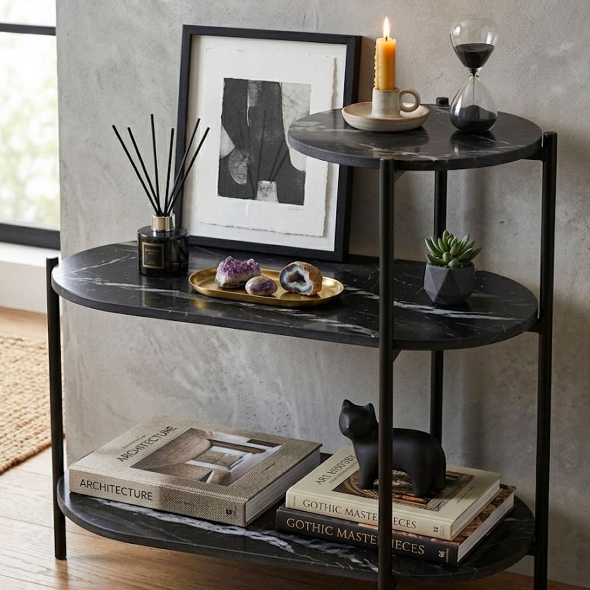Table d'appoint design en métal et plateaux effet marbre noir 64x33x63cm noir, WADIGA