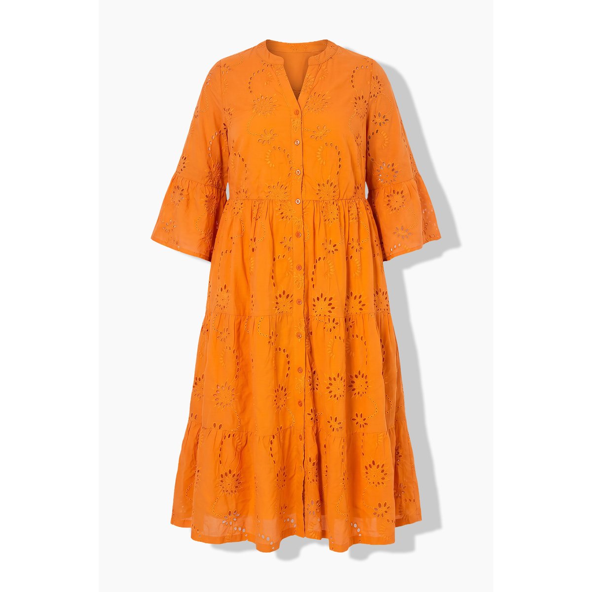 Robe maxi à volants. Manches 3/4 et broderie orange, STUDIO UNTOLD