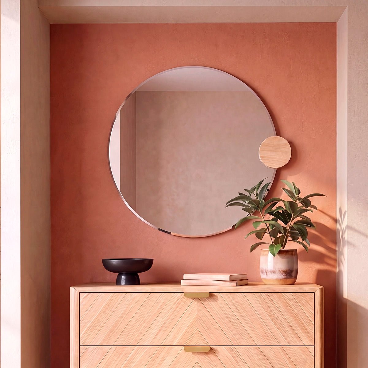 Miroir rond 90cm, SONIA verre naturel, chêne, HARTO