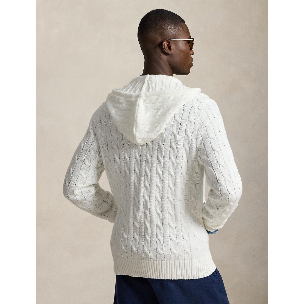 Pull con cappuccio e zip in maglia a treccia bianco, POLO RALPH LAUREN