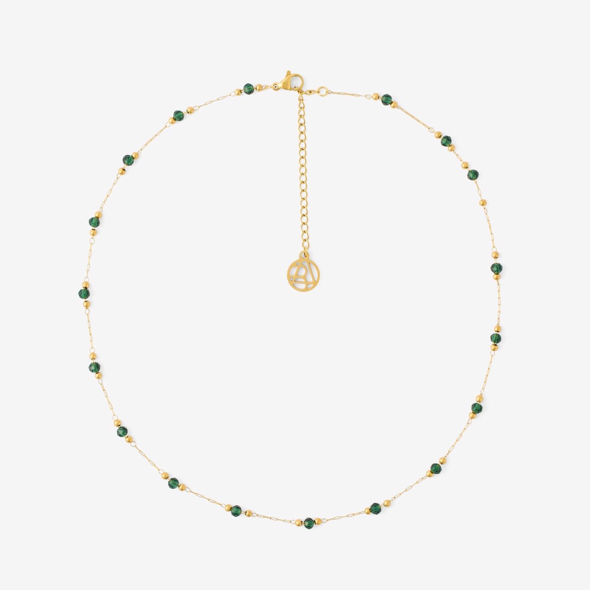 Collier acier inoxydable et perles vertes à facettes doré, BALABOOSTE