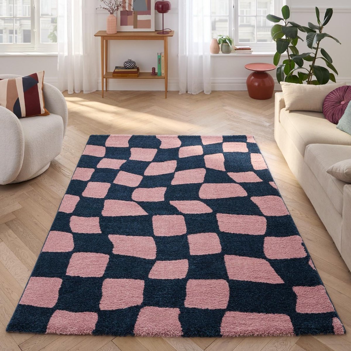 Tapis de salon vintage 70’s damier GROOVY bleu, NAZAR RUGS
