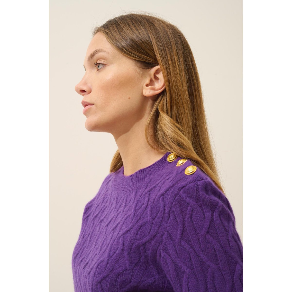 Pull Col Rond Marin 4 Fils Violette Lynd violet, JUST CASHMERE