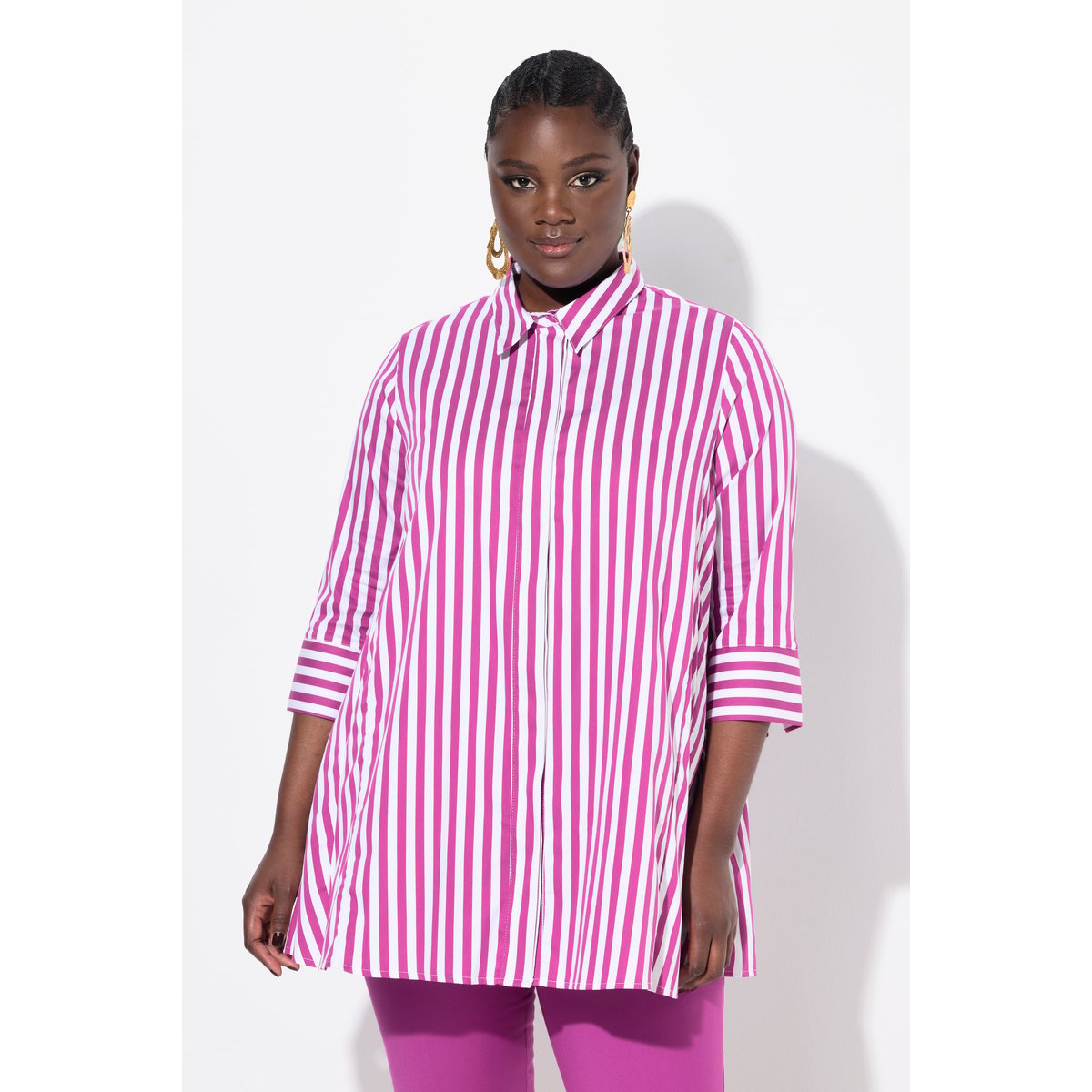 Blouse, rayures, plis godets, col de chemise magenta, ULLA POPKEN