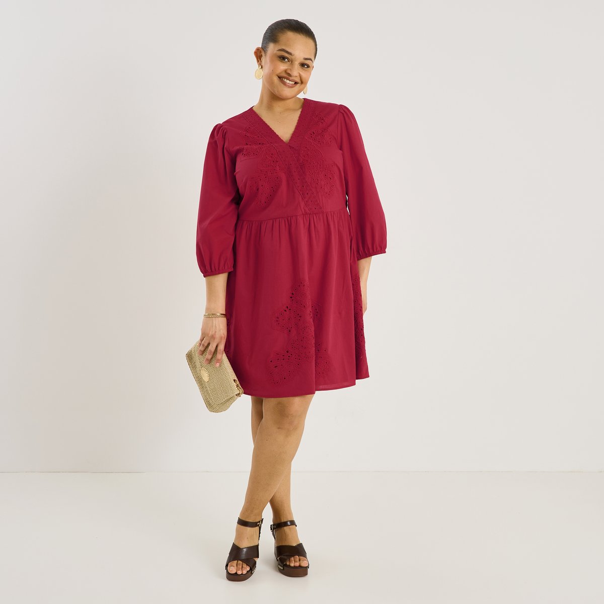 Robe courte broderie anglaise col V orange rouge, GRAIN DE MALICE