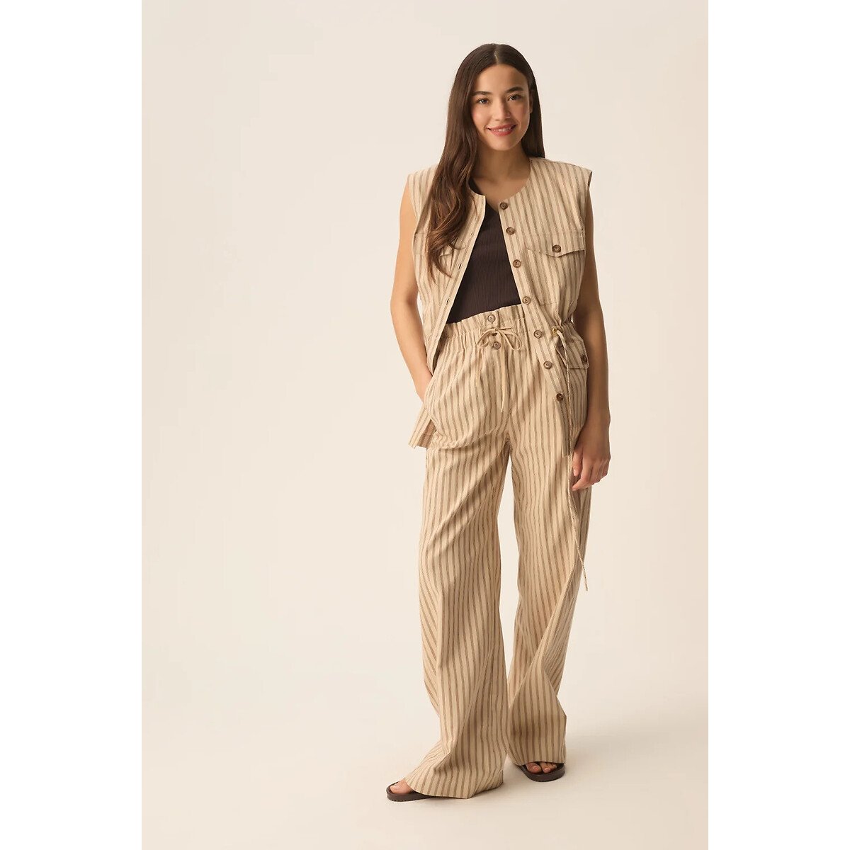 Pantalon large rayé, VALENCE beige, DES PETITS HAUTS