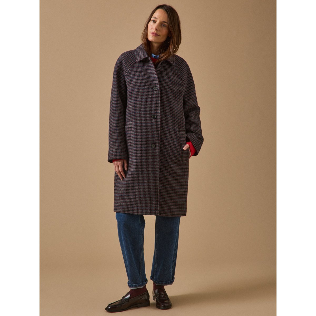 Manteau mi-long lainage pied-de-poule pied de poule marine, CYRILLUS
