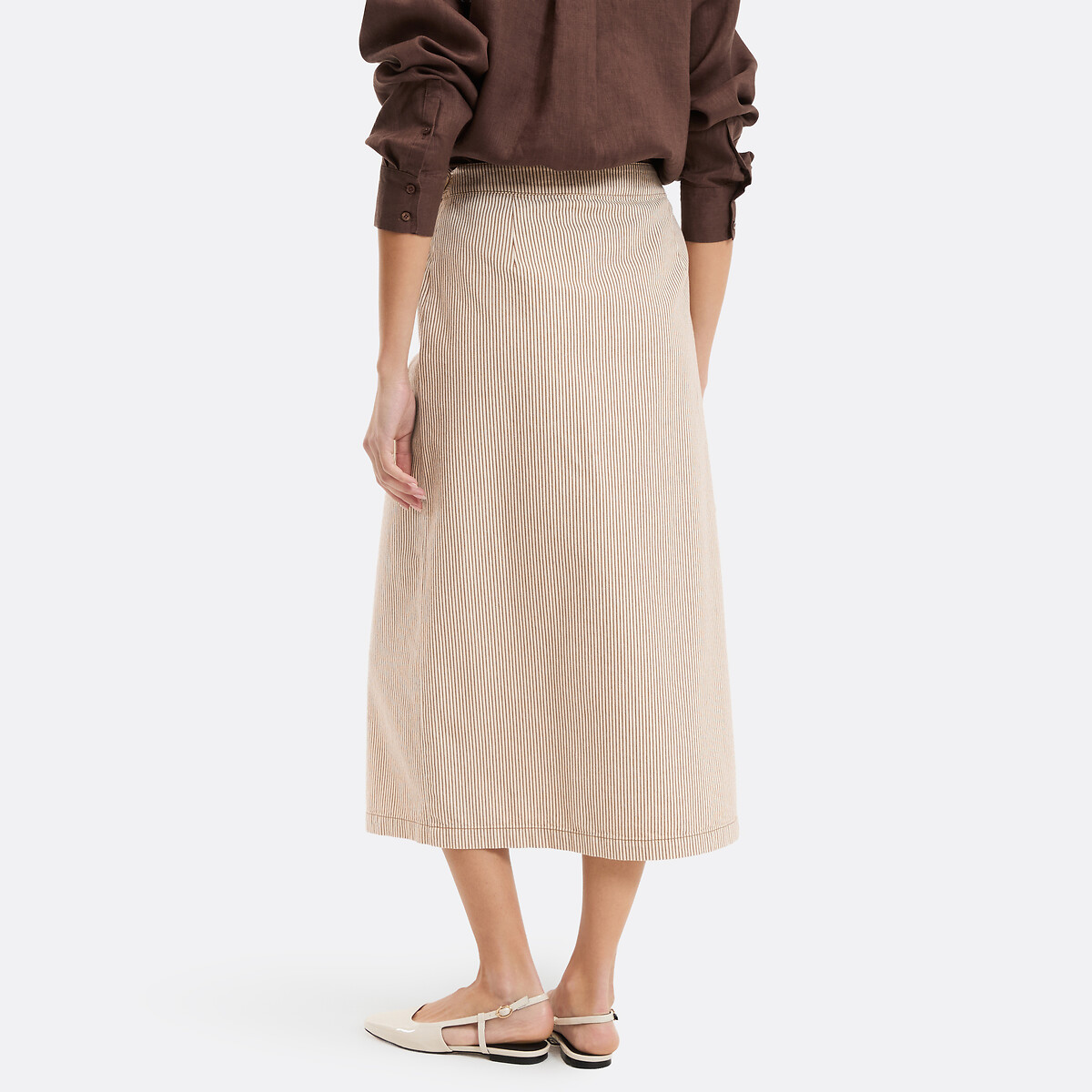 Jupe droite portefeuille à rayures midi rayé écru/marron, LA REDOUTE COLLECTIONS