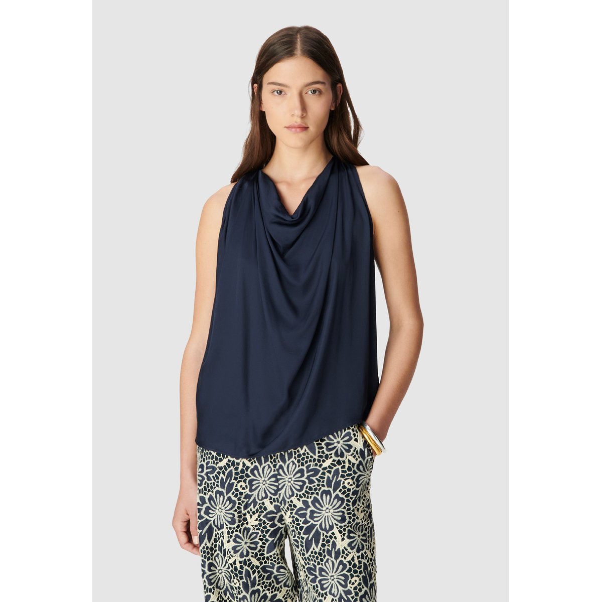 Top sans manches col bénitier en satin marine foncé, IKKS