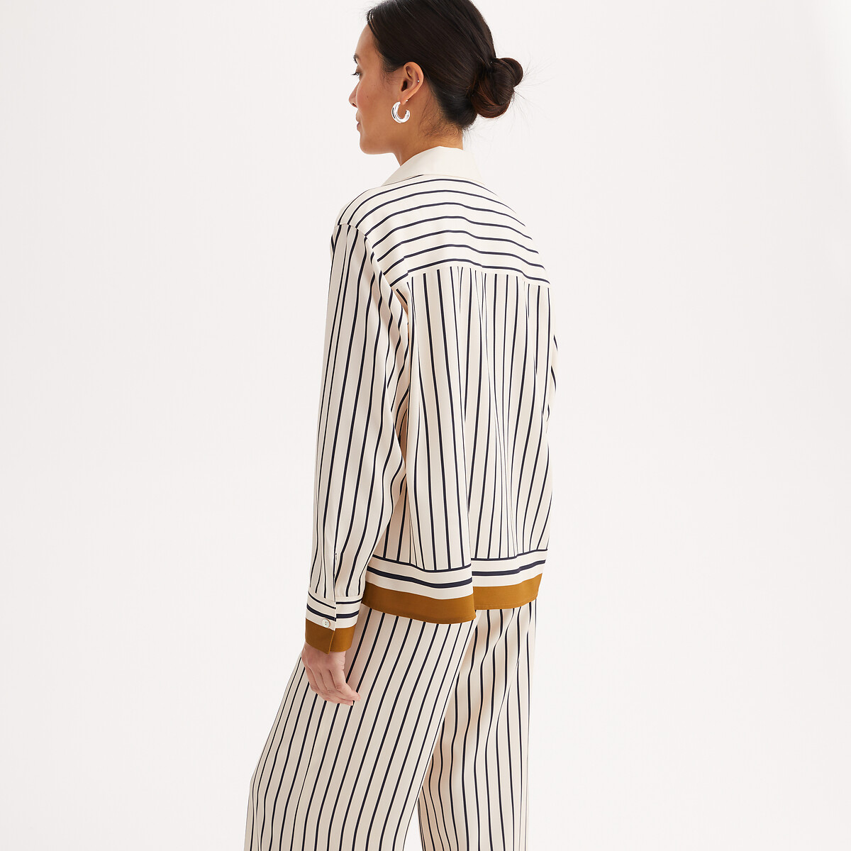 Chemise satinée, rayée, à manches longues rayé marine, ANNE WEYBURN