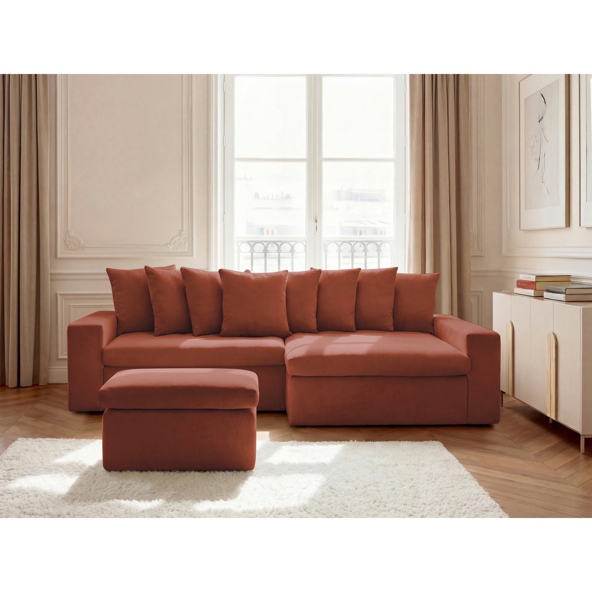 Canapé d'angle fixe 3 places en tissu lisse avec pouf, ENORE rouge, BOBOCHIC