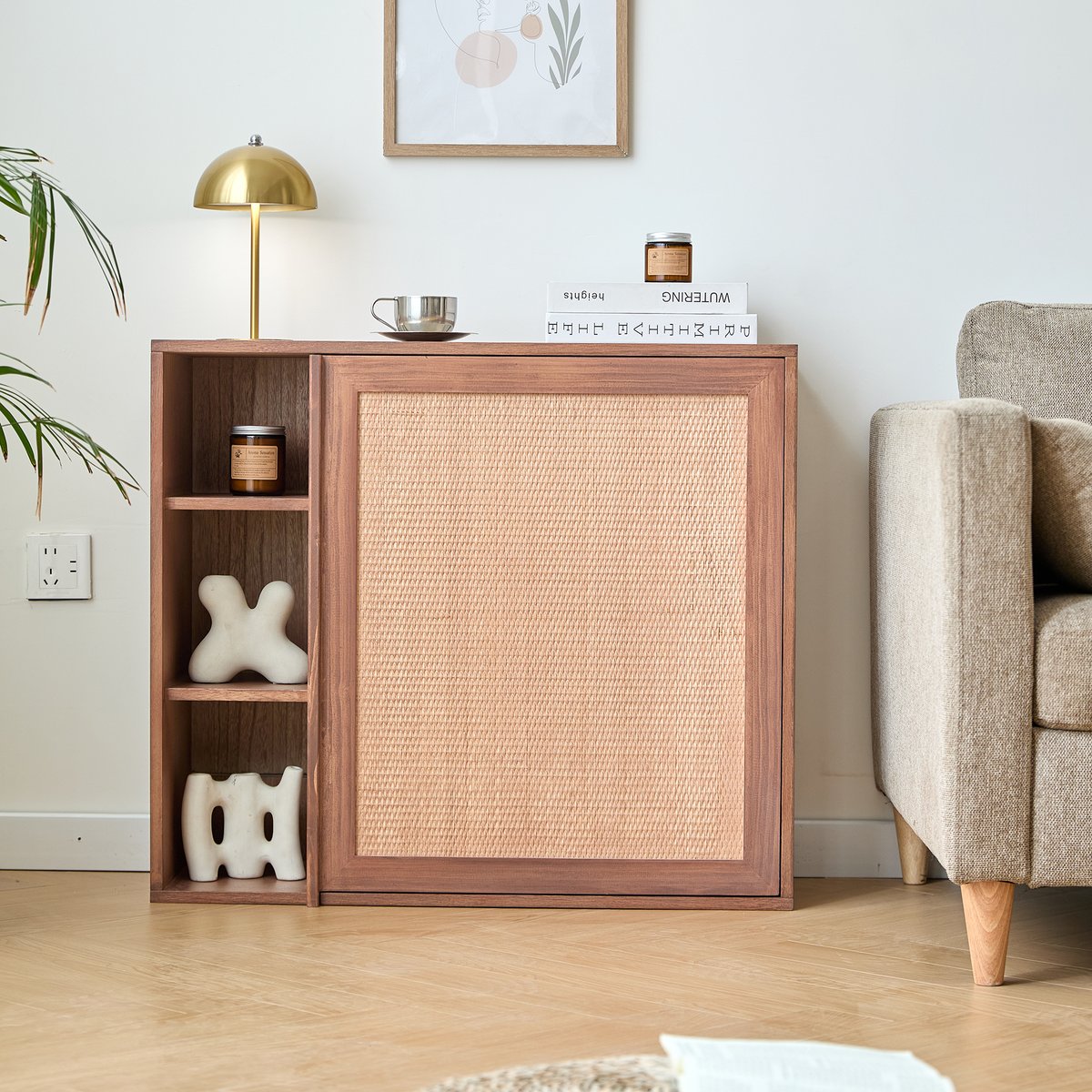 Meuble de rangement avec bureau tablette, bois de noyer et rotin, LAPENA marron, NORDLYS
