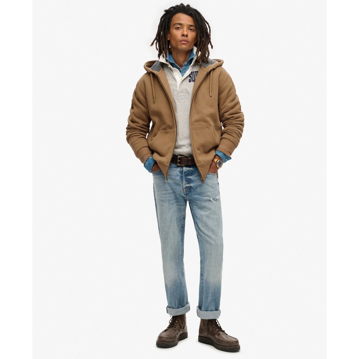 Sweat à capuche zippé et doublé en peau lainée caramel, SUPERDRY