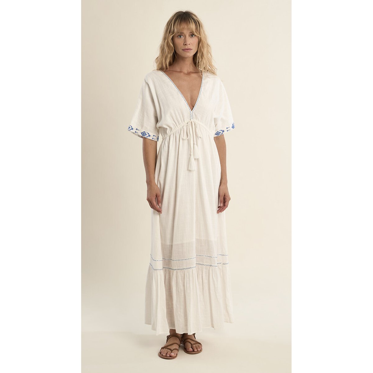 Robe longue manches courtes col v blanc, MOLLY BRACKEN